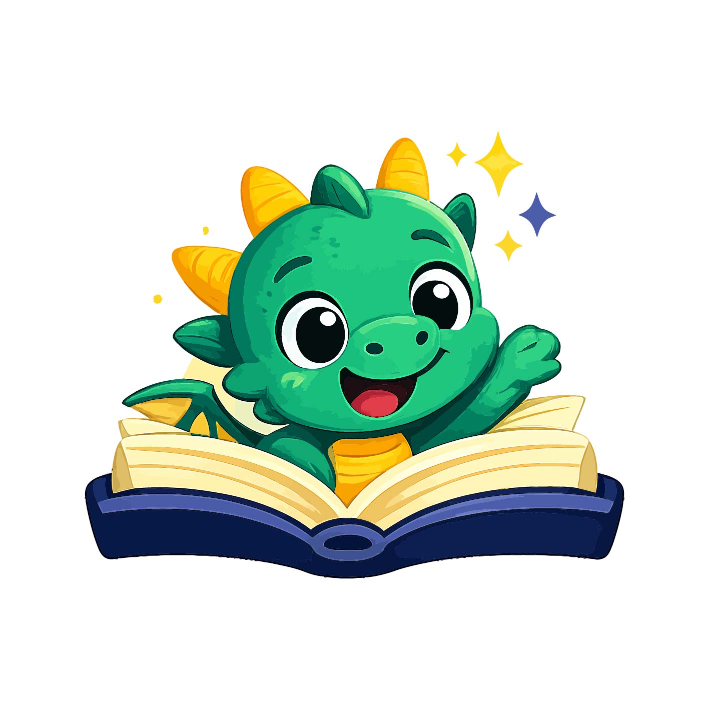 Sprout, the friendly StoryMate book-dragon, waving from behind an open storybook