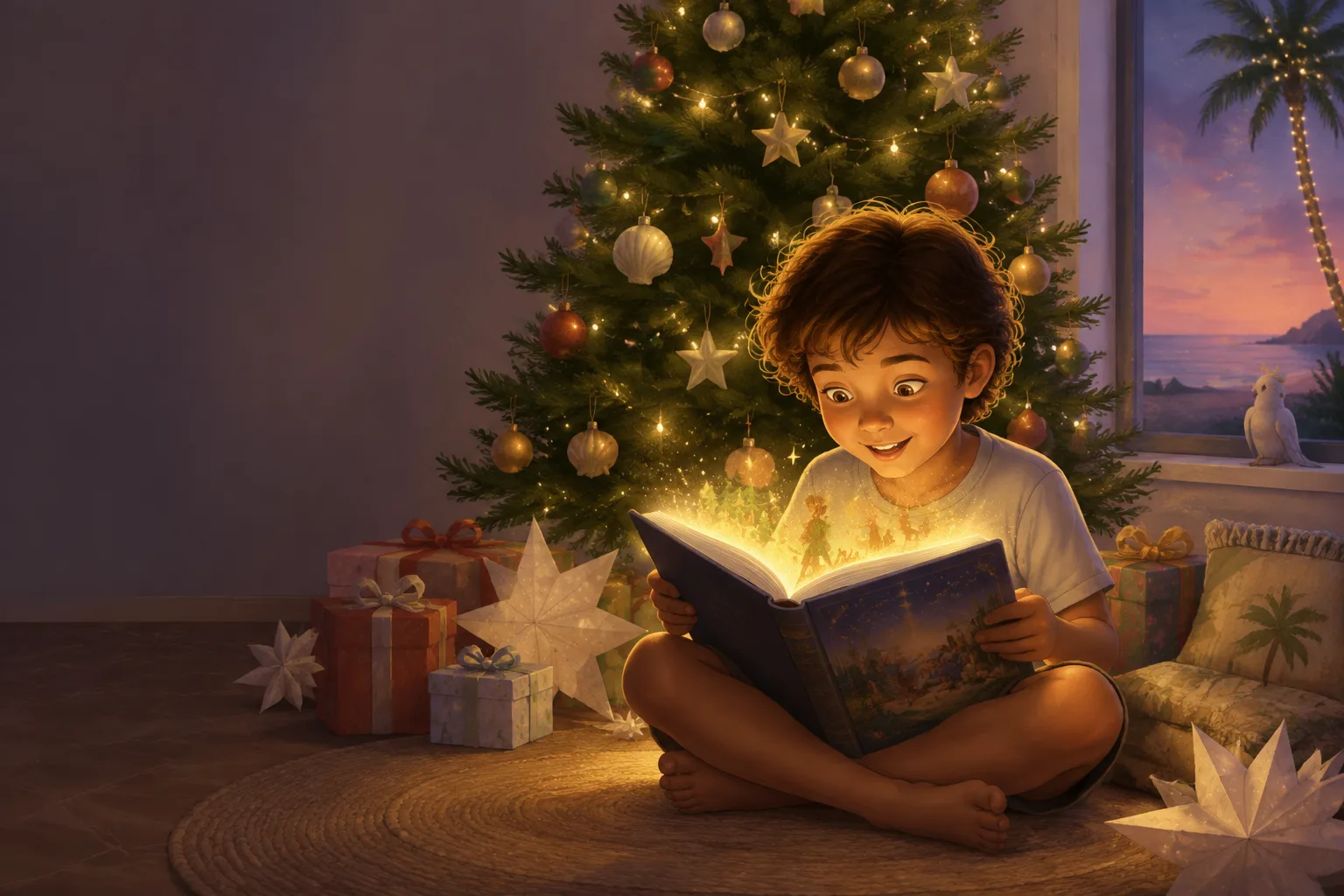 A child reading a magical Christmas storybook beside a glowing Christmas tree