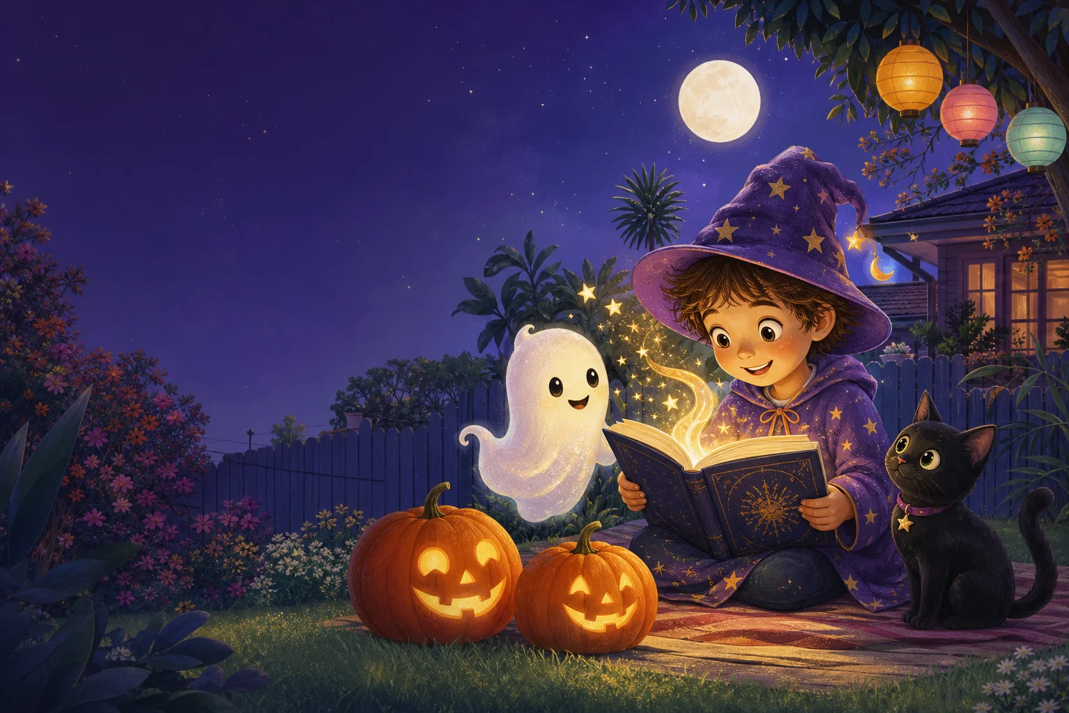 A child reading a magical Halloween storybook with a friendly ghost, pumpkins and a black cat